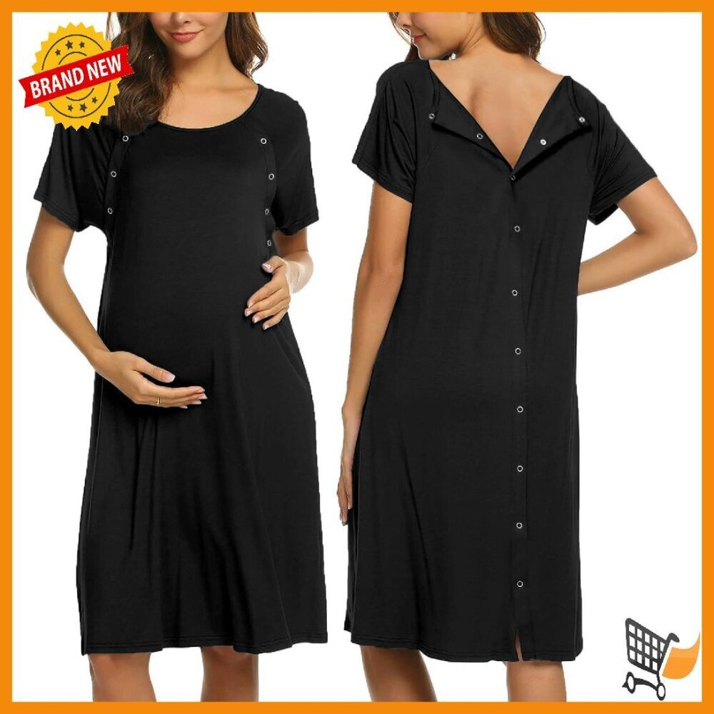 Maternity Nursing Nightgown Short Sleeve Button Front Labor Delivery